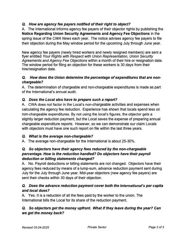 Agency Fee Objector Policy - Private Sector Workers