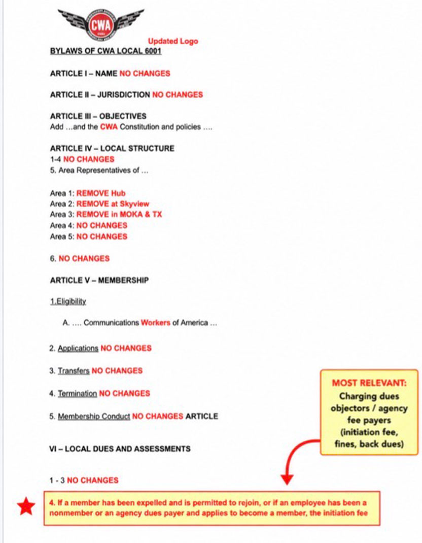 Proposed bylaw page with Article VI fee language