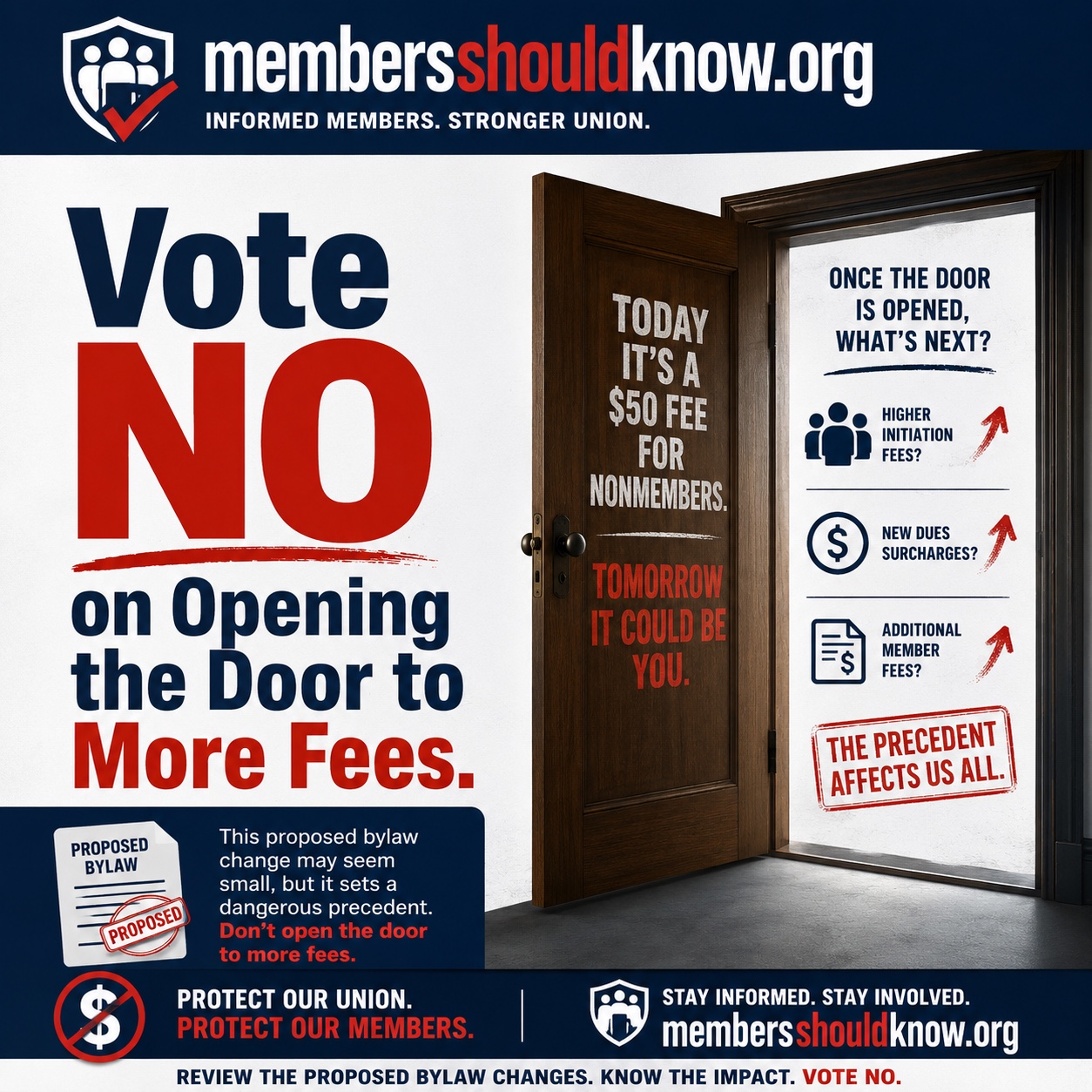 Vote no on opening the door to more fees graphic